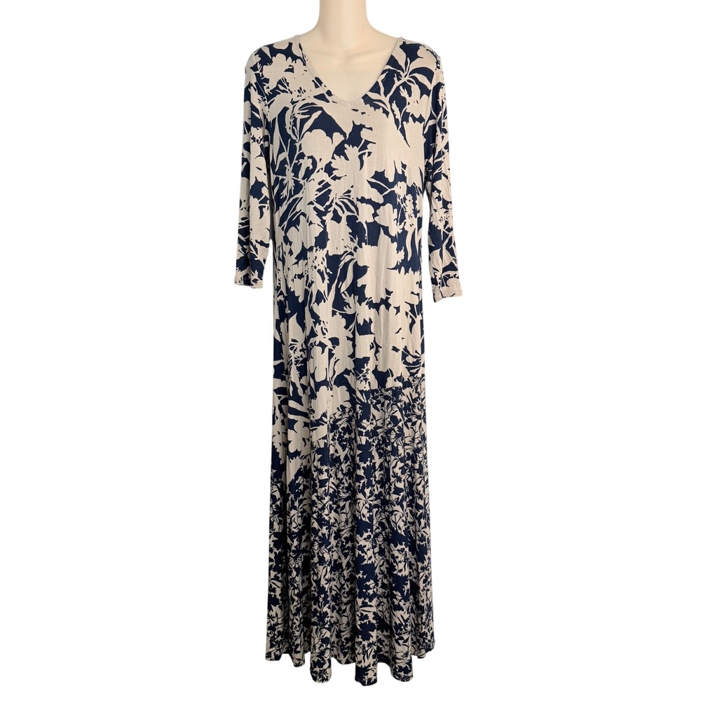 Soft Surroundings Navy Beige Floral Knit V-Neck Maxi Dress 3/4 Sleeve Medium